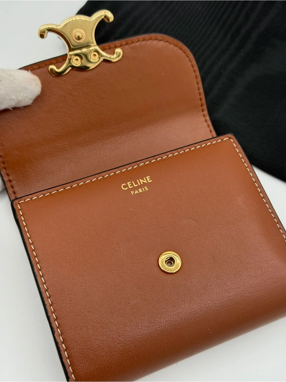 Celine Brown Leather Triomphe Compact Wallet with Gold Hardware